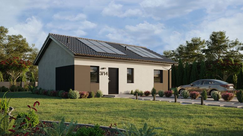 ERDOL 1 XL - Version Rechts (Wohnzimmer auf der rechten Seite) - Satteldach ohne ausgebautem Dachboden -Dachneigung  25 Grad - keine Dachfenster - Standard - Styropor, Netz, Kleber - Anthrazit - Photovoltaik-Installation 4,8 kWp (12 Paneele)