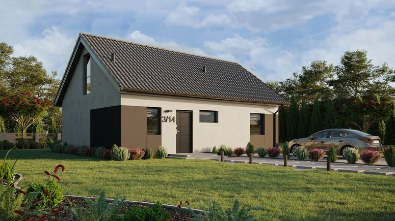 ERDOL 1 XL - Version Rechts (Wohnzimmer auf der rechten Seite) - Satteldach mit ausgebautem Dachboden -Dachneigung  35 Grad - Treppe in Treppenhaus - keine Dachfenster - Balkontür im Esszimmer und Bodentiefes Fenster im Dachgeschoss - Styropor, Netz, Kleber - Anthrazit - Ohne