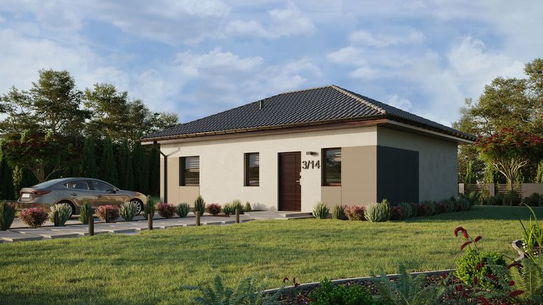 ERDOL 1 XL - Version Links (Wohnzimmer auf der linken Seite) - Walmdach ohne ausgebautem Dachboden - Dachneigung 25 Grad - keine Dachfenster - Standard - Styropor, Netz, Kleber - Nusbaum