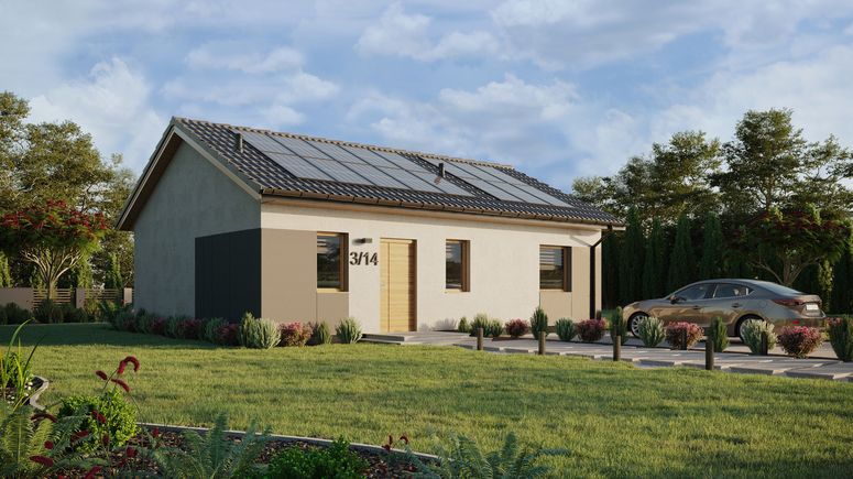 ERDOL 1 XL - Version Rechts (Wohnzimmer auf der rechten Seite) - Satteldach ohne ausgebautem Dachboden -Dachneigung  25 Grad - keine Dachfenster - Standard - Styropor, Netz, Kleber - Winchester - Photovoltaik-Installation 6,4 kWp (16 Paneele)