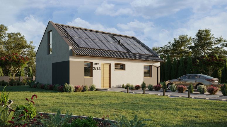 ERDOL 1 XL - Version Rechts (Wohnzimmer auf der rechten Seite) - Modernes Satteldach mit ausgebautem Dachboden -Dachneigung  35 Grad - Treppe in Treppenhaus - keine Dachfenster - Balkontür im Esszimmer und Bodentiefes Fenster im Dachgeschoss - Styropor, Netz, Kleber - Winchester - Photovoltaik-Installation 6,4 kWp (16 Paneele)