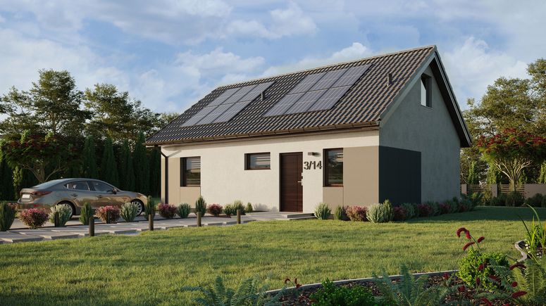 ERDOL 1 XL - Version Links (Wohnzimmer auf der linken Seite) - Satteldach mit ausgebautem Dachboden -Dachneigung  35 Grad - Treppe in Treppenhaus - Dachfenster für Zimmer und Badezimmer - Standard - Styropor, Netz, Kleber - Nusbaum - Photovoltaik-Installation 4,8 kWp (12 Paneele)