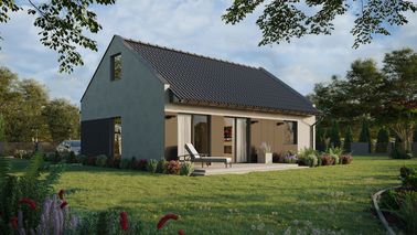 ERDOL 1 XL - Version Rechts (Wohnzimmer auf der rechten Seite) - Modernes Satteldach mit ausgebautem Dachboden -Dachneigung  35 Grad - Treppe in Treppenhaus - keine Dachfenster - Balkontür im Esszimmer - Styropor, Netz, Kleber - Anthrazit - Ohne