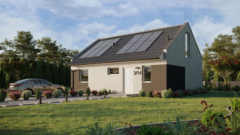 ERDOL 1 XL - Version Links (Wohnzimmer auf der linken Seite) - Modernes Satteldach mit ausgebautem Dachboden -Dachneigung  35 Grad - Treppe in Treppenhaus - Dachfenster für Zimmer und Badezimmer - Balkontür im Esszimmer und Bodentiefes Fenster im Dachgeschoss - Styropor, Netz, Kleber - Weiß - Photovoltaik-Installation 4,8 kWp (12 Paneele)