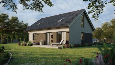 ERDOL 1 XL - Version Links (Wohnzimmer auf der linken Seite) - Satteldach mit ausgebautem Dachboden -Dachneigung  35 Grad - Treppe in Treppenhaus - Zwei-Zimmer-Dachfenster - Bodentiefes Fenster im Dachgeschoss - Styropor, Netz, Kleber - Anthrazit - Ohne