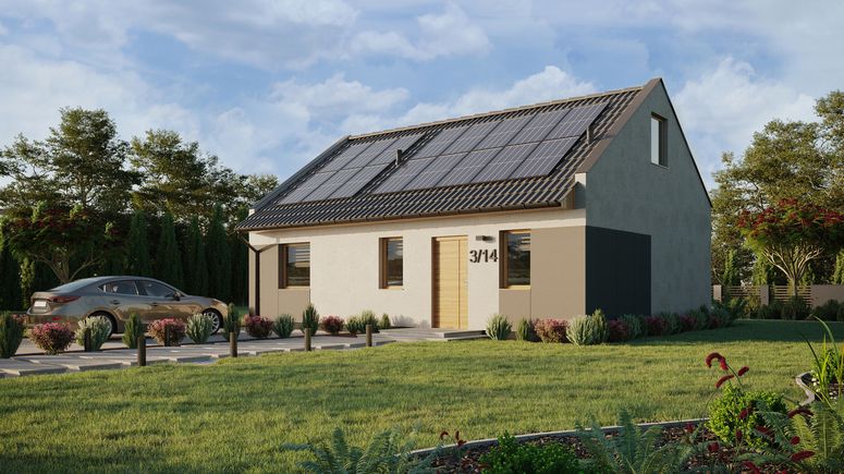 ERDOL 1 XL - Version Links (Wohnzimmer auf der linken Seite) - Modernes Satteldach mit ausgebautem Dachboden -Dachneigung  35 Grad - Treppe im Wohnzimmer - Zwei-Zimmer-Dachfenster - Standard - Styropor, Netz, Kleber - Winchester - Photovoltaik-Installation 6,4 kWp (16 Paneele)