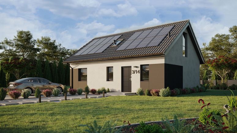 ERDOL 1 XL - Version Links (Wohnzimmer auf der linken Seite) - Satteldach mit ausgebautem Dachboden -Dachneigung  35 Grad - Treppe im Wohnzimmer - Dachfenster für Zimmer und Badezimmer - Bodentiefes Fenster im Dachgeschoss - Styropor, Netz, Kleber - Anthrazit - Photovoltaik-Installation 6,4 kWp (16 Paneele)