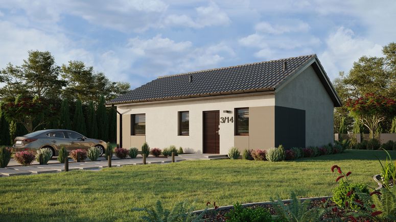 ERDOL 1 XL - Version Links (Wohnzimmer auf der linken Seite) - Satteldach ohne ausgebautem Dachboden -Dachneigung  25 Grad - keine Dachfenster - Standard - Styropor, Netz, Kleber - Nusbaum - Ohne