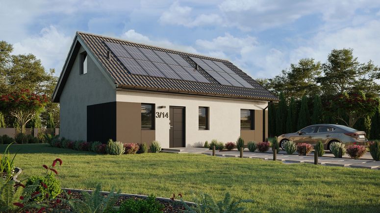 ERDOL 1 XL - Version Rechts (Wohnzimmer auf der rechten Seite) - Satteldach mit ausgebautem Dachboden -Dachneigung  35 Grad - Treppe im Wohnzimmer - Zwei-Zimmer-Dachfenster - Standard - Styropor, Netz, Kleber - Anthrazit - Photovoltaik-Installation 6,4 kWp (16 Paneele)