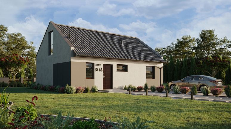 ERDOL 1 XL - Version Rechts (Wohnzimmer auf der rechten Seite) - Modernes Satteldach mit ausgebautem Dachboden -Dachneigung  35 Grad - Treppe in Treppenhaus - keine Dachfenster - Balkontür im Esszimmer und Bodentiefes Fenster im Dachgeschoss - Styropor, Netz, Kleber - Nusbaum - Ohne