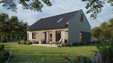 ERDOL 1 XL - Version Links (Wohnzimmer auf der linken Seite) - Modernes Satteldach mit ausgebautem Dachboden -Dachneigung  35 Grad - Treppe in Treppenhaus - Dachfenster für Zimmer und Badezimmer - Balkontür im Esszimmer - Styropor, Netz, Kleber - Nusbaum - Ohne