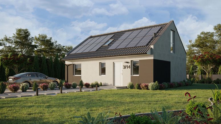 ERDOL 1 XL - Version Links (Wohnzimmer auf der linken Seite) - Modernes Satteldach mit ausgebautem Dachboden -Dachneigung  35 Grad - Treppe im Wohnzimmer - Dachfenster für Zimmer und Badezimmer - Balkontür im Esszimmer und Bodentiefes Fenster im Dachgeschoss - Styropor, Netz, Kleber - Weiß - Photovoltaik-Installation 6,4 kWp (16 Paneele)