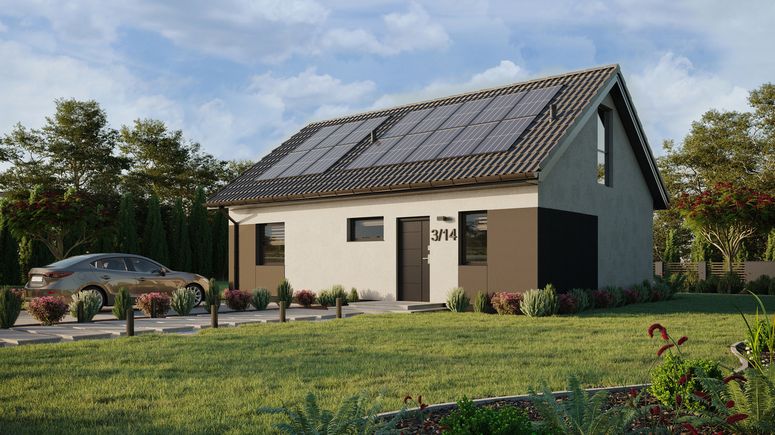 ERDOL 1 XL - Version Links (Wohnzimmer auf der linken Seite) - Satteldach mit ausgebautem Dachboden -Dachneigung  35 Grad - Treppe in Treppenhaus - keine Dachfenster - Balkontür im Esszimmer und Bodentiefes Fenster im Dachgeschoss - Styropor, Netz, Kleber - Anthrazit - Photovoltaik-Installation 6,4 kWp (16 Paneele)