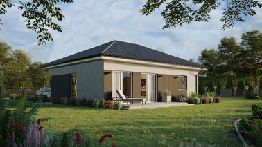 ERDOL 1 XL - Version Rechts (Wohnzimmer auf der rechten Seite) - Walmdach ohne ausgebautem Dachboden - Dachneigung 25 Grad - keine Dachfenster - Balkontür im Esszimmer - Styropor, Netz, Kleber - Weiß