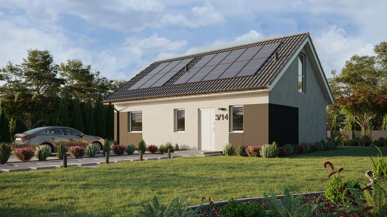 ERDOL 1 XL - Version Links (Wohnzimmer auf der linken Seite) - Satteldach mit ausgebautem Dachboden -Dachneigung  35 Grad - Treppe im Wohnzimmer - keine Dachfenster - Bodentiefes Fenster im Dachgeschoss - Styropor, Netz, Kleber - Weiß - Photovoltaik-Installation 6,4 kWp (16 Paneele)