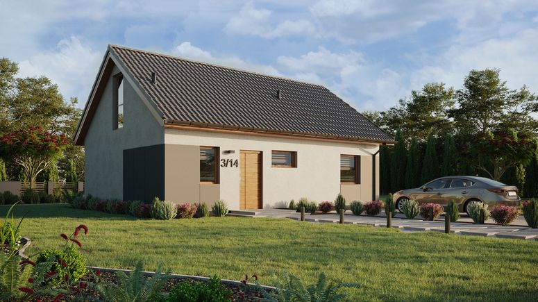 ERDOL 1 XL - Version Rechts (Wohnzimmer auf der rechten Seite) - Satteldach mit ausgebautem Dachboden -Dachneigung  35 Grad - Treppe in Treppenhaus - Dachfenster für Zimmer und Badezimmer - Balkontür im Esszimmer und Bodentiefes Fenster im Dachgeschoss - Styropor, Netz, Kleber - Goldene Eiche - Ohne