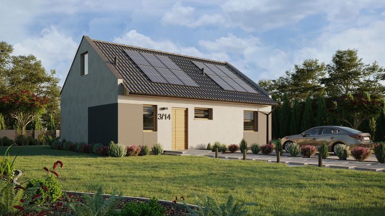 ERDOL 1 XL - Version Rechts (Wohnzimmer auf der rechten Seite) - Modernes Satteldach mit ausgebautem Dachboden -Dachneigung  35 Grad - Treppe in Treppenhaus - keine Dachfenster - Standard - Styropor, Netz, Kleber - Winchester - Photovoltaik-Installation 4,8 kWp (12 Paneele)