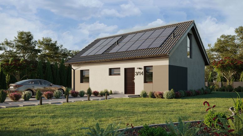 ERDOL 1 XL - Version Links (Wohnzimmer auf der linken Seite) - Satteldach mit ausgebautem Dachboden -Dachneigung  35 Grad - Treppe in Treppenhaus - keine Dachfenster - Bodentiefes Fenster im Dachgeschoss - Styropor, Netz, Kleber - Nusbaum - Photovoltaik-Installation 6,4 kWp (16 Paneele)