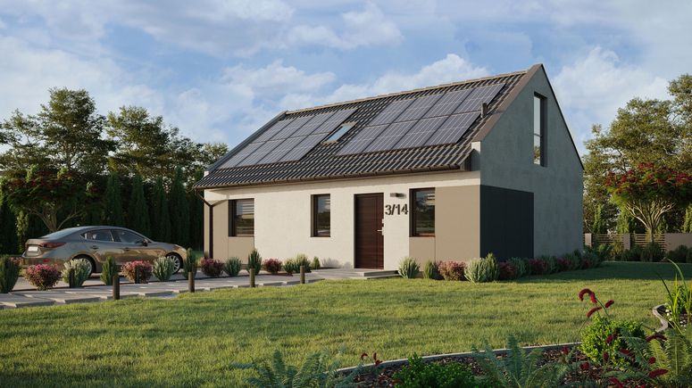 ERDOL 1 XL - Version Links (Wohnzimmer auf der linken Seite) - Modernes Satteldach mit ausgebautem Dachboden -Dachneigung  35 Grad - Treppe im Wohnzimmer - Dachfenster für Zimmer und Badezimmer - Bodentiefes Fenster im Dachgeschoss - Styropor, Netz, Kleber - Nusbaum - Photovoltaik-Installation 6,4 kWp (16 Paneele)