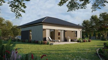 ERDOL 1 XL - Version Rechts (Wohnzimmer auf der rechten Seite) - Walmdach ohne ausgebautem Dachboden - Dachneigung 25 Grad - keine Dachfenster - Balkontür im Esszimmer - Styropor, Netz, Kleber - Anthrazit