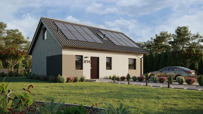 ERDOL 1 XL - Version Rechts (Wohnzimmer auf der rechten Seite) - Satteldach mit ausgebautem Dachboden -Dachneigung  35 Grad - Treppe im Wohnzimmer - Dachfenster für Zimmer und Badezimmer - Standard - Styropor, Netz, Kleber - Nusbaum - Photovoltaik-Installation 6,4 kWp (16 Paneele)