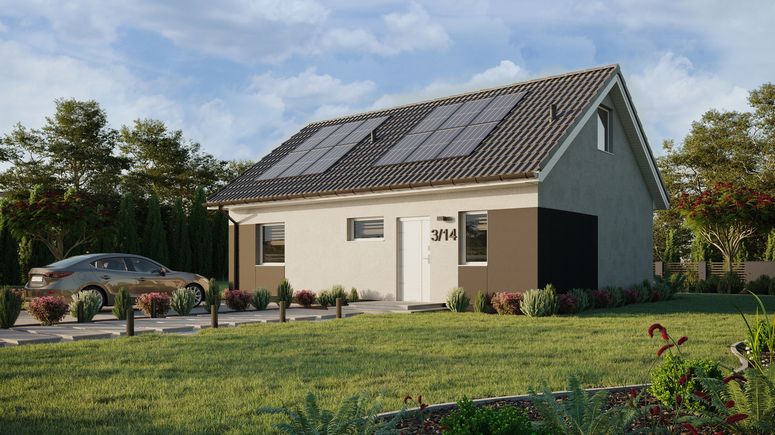 ERDOL 1 XL - Version Links (Wohnzimmer auf der linken Seite) - Satteldach mit ausgebautem Dachboden -Dachneigung  35 Grad - Treppe in Treppenhaus - Dachfenster für Zimmer und Badezimmer - Standard - Styropor, Netz, Kleber - Weiß - Photovoltaik-Installation 4,8 kWp (12 Paneele)