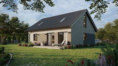 ERDOL 1 XL - Version Links (Wohnzimmer auf der linken Seite) - Satteldach mit ausgebautem Dachboden -Dachneigung  35 Grad - Treppe in Treppenhaus - Zwei-Zimmer-Dachfenster - Bodentiefes Fenster im Dachgeschoss - Styropor, Netz, Kleber - Nusbaum - Ohne