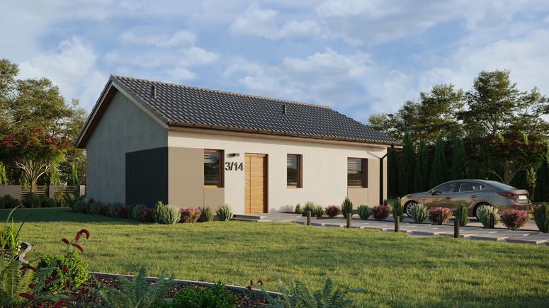 ERDOL 1 XL - Version Rechts (Wohnzimmer auf der rechten Seite) - Satteldach ohne ausgebautem Dachboden -Dachneigung  25 Grad - keine Dachfenster - Standard - Styropor, Netz, Kleber - Goldene Eiche - Ohne