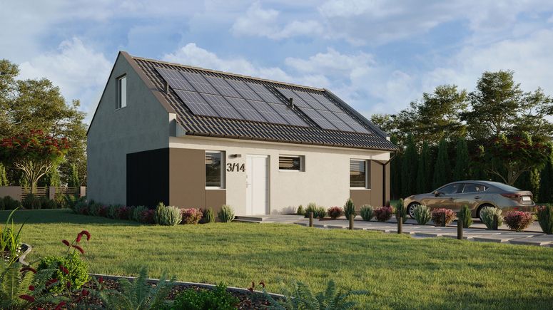 ERDOL 1 XL - Version Rechts (Wohnzimmer auf der rechten Seite) - Modernes Satteldach mit ausgebautem Dachboden -Dachneigung  35 Grad - Treppe in Treppenhaus - keine Dachfenster - Standard - Styropor, Netz, Kleber - Weiß - Photovoltaik-Installation 6,4 kWp (16 Paneele)