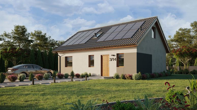 ERDOL 1 XL - Version Links (Wohnzimmer auf der linken Seite) - Satteldach mit ausgebautem Dachboden -Dachneigung  35 Grad - Treppe im Wohnzimmer - Dachfenster für Zimmer und Badezimmer - Standard - Styropor, Netz, Kleber - Goldene Eiche - Photovoltaik-Installation 6,4 kWp (16 Paneele)