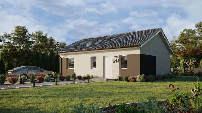 ERDOL 1 XL - Version Links (Wohnzimmer auf der linken Seite) - Satteldach ohne ausgebautem Dachboden -Dachneigung  25 Grad - keine Dachfenster - Standard - Styropor, Netz, Kleber - Weiß - Ohne