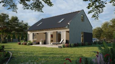 ERDOL 1 XL - Version Links (Wohnzimmer auf der linken Seite) - Modernes Satteldach mit ausgebautem Dachboden -Dachneigung  35 Grad - Treppe in Treppenhaus - Zwei-Zimmer-Dachfenster - Balkontür im Esszimmer - Styropor, Netz, Kleber - Weiß - Ohne