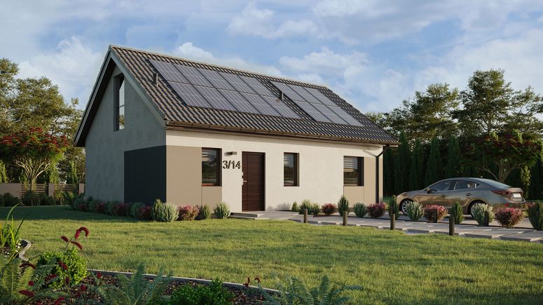 ERDOL 1 XL - Version Rechts (Wohnzimmer auf der rechten Seite) - Satteldach mit ausgebautem Dachboden -Dachneigung  35 Grad - Treppe im Wohnzimmer - Zwei-Zimmer-Dachfenster - Bodentiefes Fenster im Dachgeschoss - Styropor, Netz, Kleber - Nusbaum - Photovoltaik-Installation 6,4 kWp (16 Paneele)