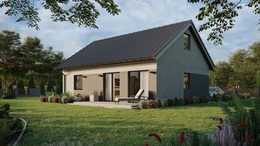 ERDOL 1 XL - Version Links (Wohnzimmer auf der linken Seite) - Satteldach mit ausgebautem Dachboden -Dachneigung  35 Grad - Treppe in Treppenhaus - keine Dachfenster - Standard - Styropor, Netz, Kleber - Nusbaum - Ohne