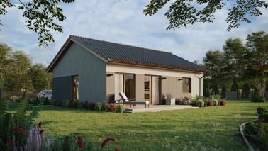 ERDOL 1 XL - Version Rechts (Wohnzimmer auf der rechten Seite) - Satteldach ohne ausgebautem Dachboden -Dachneigung  25 Grad - keine Dachfenster - Balkontür im Esszimmer - Styropor, Netz, Kleber - Goldene Eiche - Ohne