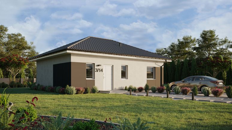 ERDOL 1 XL - Version Rechts (Wohnzimmer auf der rechten Seite) - Walmdach ohne ausgebautem Dachboden - Dachneigung 25 Grad - keine Dachfenster - Standard - Styropor, Netz, Kleber - Weiß