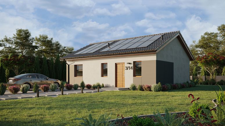 ERDOL 1 XL - Version Links (Wohnzimmer auf der linken Seite) - Satteldach ohne ausgebautem Dachboden -Dachneigung  25 Grad - Starres Tunneldachfenster - Standard - Styropor, Netz, Kleber - Goldene Eiche - Photovoltaik-Installation 6,4 kWp (16 Paneele)