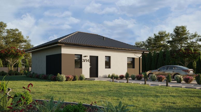 ERDOL 1 XL - Version Rechts (Wohnzimmer auf der rechten Seite) - Walmdach ohne ausgebautem Dachboden - Dachneigung 25 Grad - keine Dachfenster - Standard - Styropor, Netz, Kleber - Anthrazit