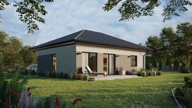 ERDOL 1 XL - Version Rechts (Wohnzimmer auf der rechten Seite) - Walmdach ohne ausgebautem Dachboden - Dachneigung 25 Grad - keine Dachfenster - Balkontür im Esszimmer - Styropor, Netz, Kleber - Nusbaum