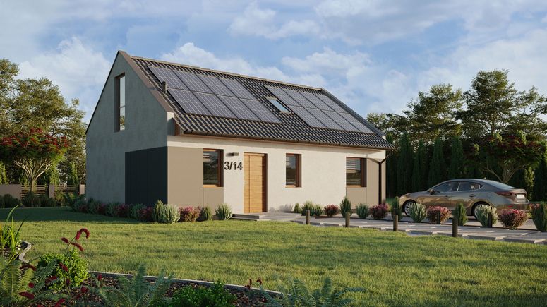 ERDOL 1 XL - Version Rechts (Wohnzimmer auf der rechten Seite) - Modernes Satteldach mit ausgebautem Dachboden -Dachneigung  35 Grad - Treppe im Wohnzimmer - Dachfenster für Zimmer und Badezimmer - Balkontür im Esszimmer und Bodentiefes Fenster im Dachgeschoss - Styropor, Netz, Kleber - Goldene Eiche - Photovoltaik-Installation 6,4 kWp (16 Paneele)