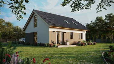 ERDOL 2 - Version Rechts (Wohnzimmer auf der rechten Seite) - Satteldach mit ausgebautem Dachboden -Dachneigung  35 Grad - Dachfenster für Zimmer und Badezimmer - Balkontür im Esszimmer und Bodentiefes Fenster im Dachgeschoss - Styropor, Netz, Kleber - Winchester - Ohne