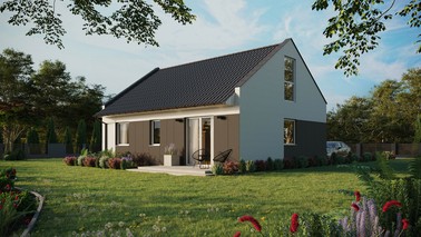 ERDOL 2 - Version Links (Wohnzimmer auf der linken Seite) - Modernes Satteldach mit ausgebautem Dachboden -Dachneigung  35 Grad - keine Dachfenster - Bodentiefes Fenster im Dachgeschoss - Styropor, Netz, Kleber - Weiß - Ohne