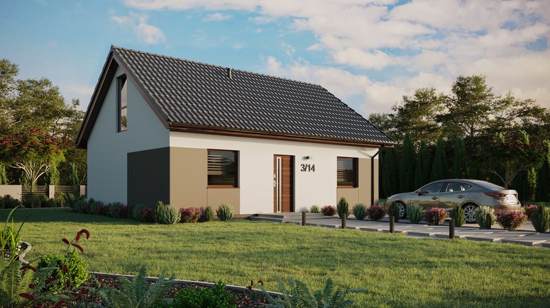 ERDOL 2 - Version Rechts (Wohnzimmer auf der rechten Seite) - Satteldach mit ausgebautem Dachboden -Dachneigung  35 Grad - keine Dachfenster - Balkontür im Esszimmer und Bodentiefes Fenster im Dachgeschoss - Styropor, Netz, Kleber - Nusbaum - Ohne