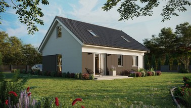 ERDOL 2 - Version Rechts (Wohnzimmer auf der rechten Seite) - Satteldach mit ausgebautem Dachboden -Dachneigung  35 Grad - Zwei-Zimmer-Dachfenster - Balkontür im Esszimmer - Styropor, Netz, Kleber - Weiß - Ohne