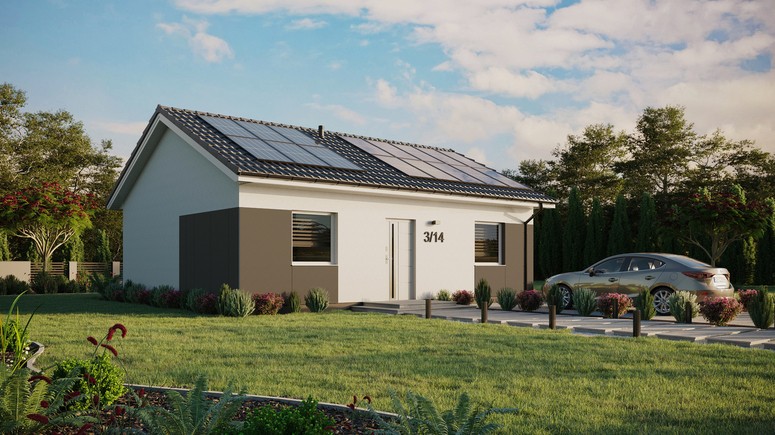 ERDOL 2 - Version Rechts (Wohnzimmer auf der rechten Seite) - Satteldach ohne ausgebautem Dachboden -Dachneigung  25 Grad - keine Dachfenster - Standard - Styropor, Netz, Kleber - Weiß - Photovoltaik-Installation 6,4 kWp (16 Paneele)