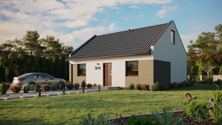 ERDOL 2 - Version Links (Wohnzimmer auf der linken Seite) - Modernes Satteldach mit ausgebautem Dachboden -Dachneigung  35 Grad - keine Dachfenster - Standard - Styropor, Netz, Kleber - Nusbaum - Ohne