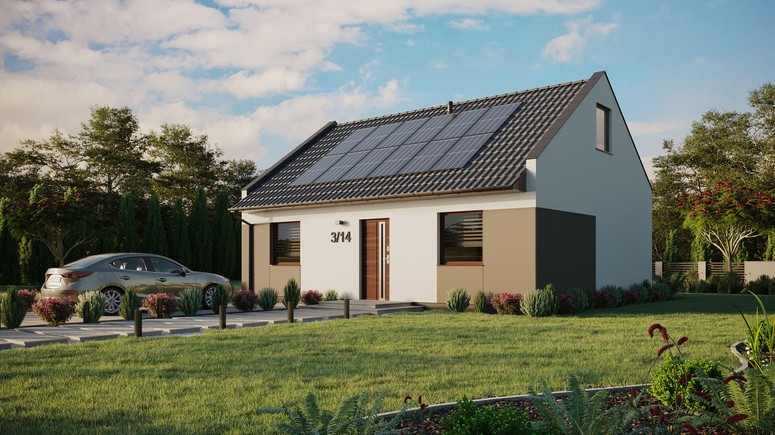 ERDOL 2 - Version Links (Wohnzimmer auf der linken Seite) - Modernes Satteldach mit ausgebautem Dachboden -Dachneigung  35 Grad - keine Dachfenster - Standard - Styropor, Netz, Kleber - Nusbaum - Photovoltaik-Installation 4,8 kWp (12 Paneele)