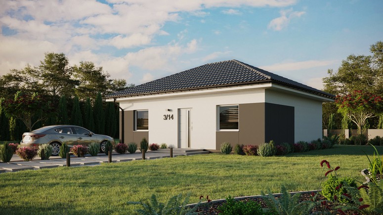 ERDOL 2 - Version Links (Wohnzimmer auf der linken Seite) - Walmdach ohne ausgebautem Dachboden - Dachneigung 25 Grad - keine Dachfenster - Balkontür im Esszimmer - Styropor, Netz, Kleber - Weiß