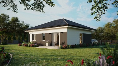 ERDOL 2 - Version Links (Wohnzimmer auf der linken Seite) - Walmdach ohne ausgebautem Dachboden - Dachneigung 25 Grad - keine Dachfenster - Balkontür im Esszimmer - Styropor, Netz, Kleber - Weiß