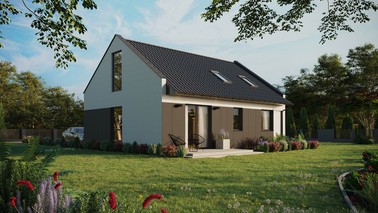 ERDOL 2 - Version Rechts (Wohnzimmer auf der rechten Seite) - Modernes Satteldach mit ausgebautem Dachboden -Dachneigung  35 Grad - Dachfenster für Zimmer und Badezimmer - Balkontür im Esszimmer und Bodentiefes Fenster im Dachgeschoss - Styropor, Netz, Kleber - Anthrazit - Ohne